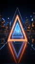 Creative 3D rendering Glowing neon rhombus on a reflective blue banner