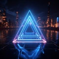 Creative 3D rendering Glowing neon rhombus on a reflective blue banner