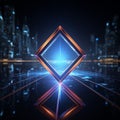 Creative 3D rendering Glowing neon rhombus on a reflective blue banner