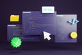 Creative 3D rendering of HTML, CSS, and JavaScript code snippets with modern icons on a dark background representing web Royalty Free Stock Photo