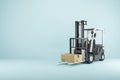 Creative 3D Rendering of modern forklift vehicle on blue backdrop with mock up place for your advertisement. Warehouse and Royalty Free Stock Photo