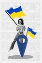 Creative 3d retro collage of young woman jumping plasticine geotag map location blue yellow patriotic flag isolated over