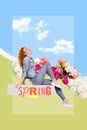 Creative 3d style collage picture youth girl sitting on big spring word enjoy sun rays her face skin love spring season