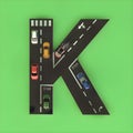 Creative 3D Typography Design - Alphabet series - letter K in the shape of an urban street complete with cars