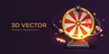 Creative 3D vector concept for online casino. Realistic wheel of fortune, chips, stars