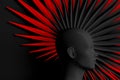 Creative dark background with three-dimensional head of a young woman in profile with stylized Mohawk hairstyle. 3D illustration