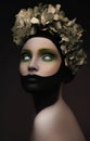 Creative dark makeup with gold flowers on her head Royalty Free Stock Photo