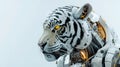 creative depiction of a robotic entity adorned with head of a albino tiger, blending attributes of artificial intelligence with
