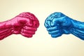 Creative depiction of two fists one red one blue clashing to symbolize competitive forces conflict dynamic interaction in human