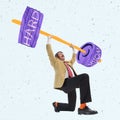 Creative design. Contemporary art collage. Businessman, motivated employee pushing upwards heavy barbell symbolizing