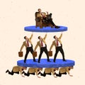 Creative design. Contemporary art collage of businessmen standing in pyramid according to work class hierarchy