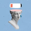 Creative design. Contemporary art collage of female antique statue head with low battery above isolated over blue