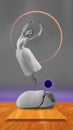 Creative design. Contemporary art collage. Tender beautiful ballerina in white light dress dancing over futuristic neon