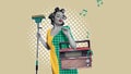 Creative design. Contemporary art collage with beautiful woman in hair curlers, holding modern floor mop and retro radio