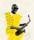 Creative design. Conteporary art collage of young stylish african man playing saxophone isolated over light background