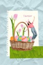 Creative design 3d collage photo postcard greeting celebrate easter falling inside bucket colored eggs girl tulips