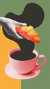 Creative design. Female hand holding fresh, crispy croissant over cup with black coffee over colorful background. Poster Royalty Free Stock Photo