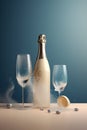 Creative design with festive bottle of champagne, with splashes and explosion. Poster, flyer, card. AI generative Royalty Free Stock Photo
