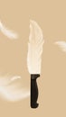 Creative design. Knife with white feather over beige background. Power of art and word. Literature. Contemporary art