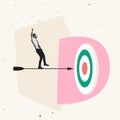 Creative design. Motivated and joyful employee standing on arrow flying to target symbolizing success and achievement