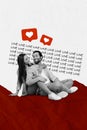 Creative design photo of two lovers valentine day spend together find soulmate sitting enjoy relationships  on Royalty Free Stock Photo