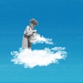 Creative design in retro style. Contemporary art collage. Little boy, child spilling clouds from bucket into sky space