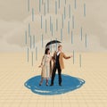 Creative design in retro style. Contemporary art collage. Romantic date. Man and woman walking under umbrella on rainy