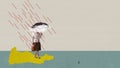 Creative design in retro style. Contemporary art collage. Woman walking with umbrella under rain, having head in clouds