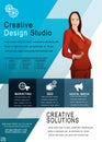 Creative design studio banner or flyer with attractive woman employee in red.