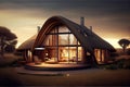 creative design of thatched house with modern interior, glass windows and sliding doors Royalty Free Stock Photo