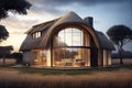 creative design of thatched house with modern interior, glass windows and sliding doors Royalty Free Stock Photo