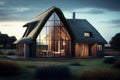 creative design of thatched house with modern interior, glass windows and sliding doors Royalty Free Stock Photo