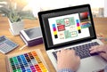 Creative Designer Graphic at work. Color swatch samples, Illustrator Graphic designer working digital tablet and computer Royalty Free Stock Photo