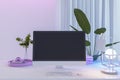 Creative designer office desk top with empty computer monitor, decorative plant and other objects. Mock up