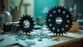 Creative Desk Setup with Gears Camera and Puzzle Pieces Representing Engineering Design and Artistic Inspiration Together on a Royalty Free Stock Photo