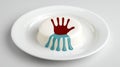 Creative Dessert with Unique Handprint Design in Red and Blue on White Plate Royalty Free Stock Photo