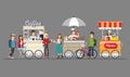 Creative detailed vector street coffee cart, popcorn and hotdog shop with sellers