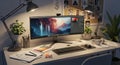 Creative Digital Artist Workspace with Dual Monitors and Artistic Decor Royalty Free Stock Photo