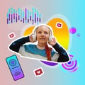Creative digital collage stylish girl in headphones smartphone using social media listening to music app songs playlist