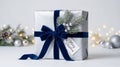 High-quality creative image of a Christmas present wrapped in silver and blue, studio lighting, professional holiday gift Royalty Free Stock Photo