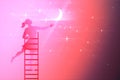 Creative Digital Image Of Female On Staircase Touching Moon And Stars On Pink Background. Dream Big And Daydreaming Concept. 3D