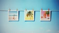 A creative display of three instant photos pegged on a string against a bright blue background.