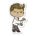 A creative distressed sticker of a cartoon aloof man pointing finger