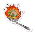 A creative distressed sticker of a cartoon burger cooking