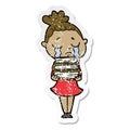 A creative distressed sticker of a cartoon crying woman with stack of books Royalty Free Stock Photo