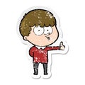 A creative distressed sticker of a cartoon curious boy giving thumbs up sign Royalty Free Stock Photo