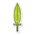 A creative distressed sticker cartoon doodle of a magic leaf knife