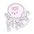 A creative distressed sticker of a cartoon jellyfish in love