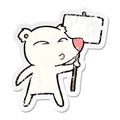 A creative distressed sticker of a cartoon polar bear with placard