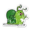 A creative distressed sticker cartoon of a slimy snail